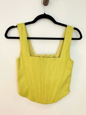 7 For All Mankind Lime Green Square-Neck Corset Cropped Top Faux Leather